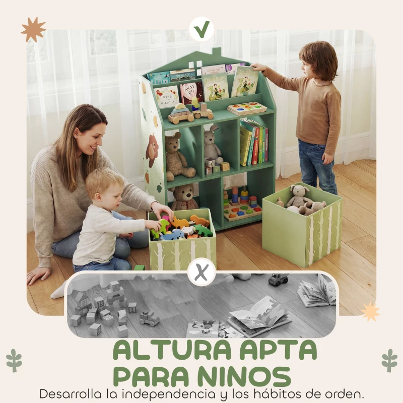 AIYAPLAY Estantería Infantil para Juguetes con Cajones de Tela Estantes Abiertos Diseño de Ositos Organizador de Juguetes Verde
