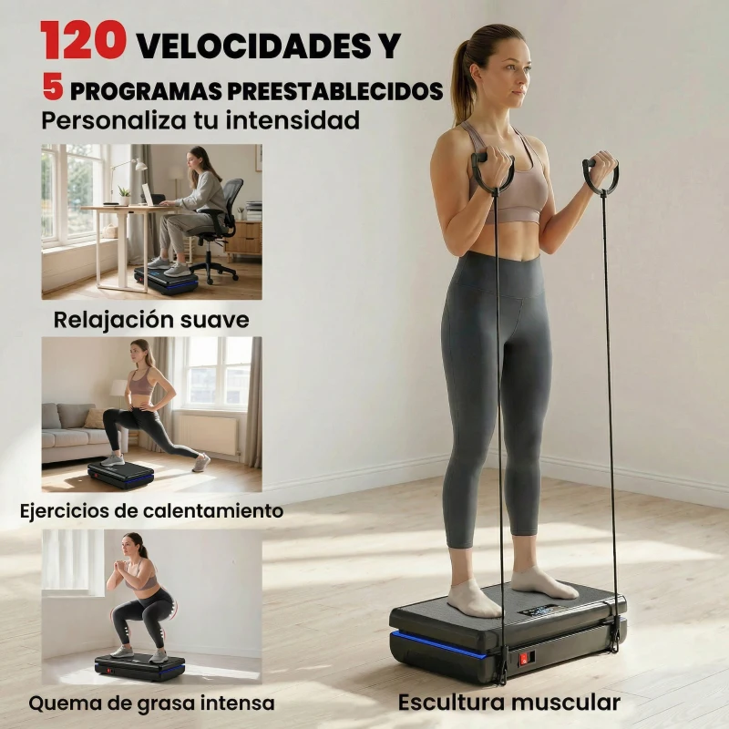 SPORTNOW Plataforma Vibratoria con 120 Velocidades 5 Programas Pantalla LED Luz Mando a Distancia 2 Bandas Elásticas Negro