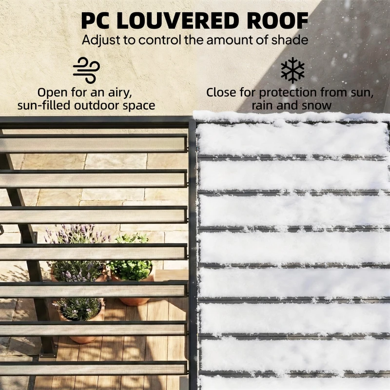 Outsunny 3 x 3 m Louvered Pergola with PC Roof, Aluminium Patio Gazebo Pergola Canopy with Drainage Gutters, Handle, Coffee