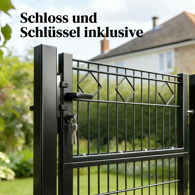 Outsunny Gartentor aus verzinktem Metall Gartentür mit Griff, Schloss Schlüssel abschließbar Zauntor 100x131cm Dunkelgrau