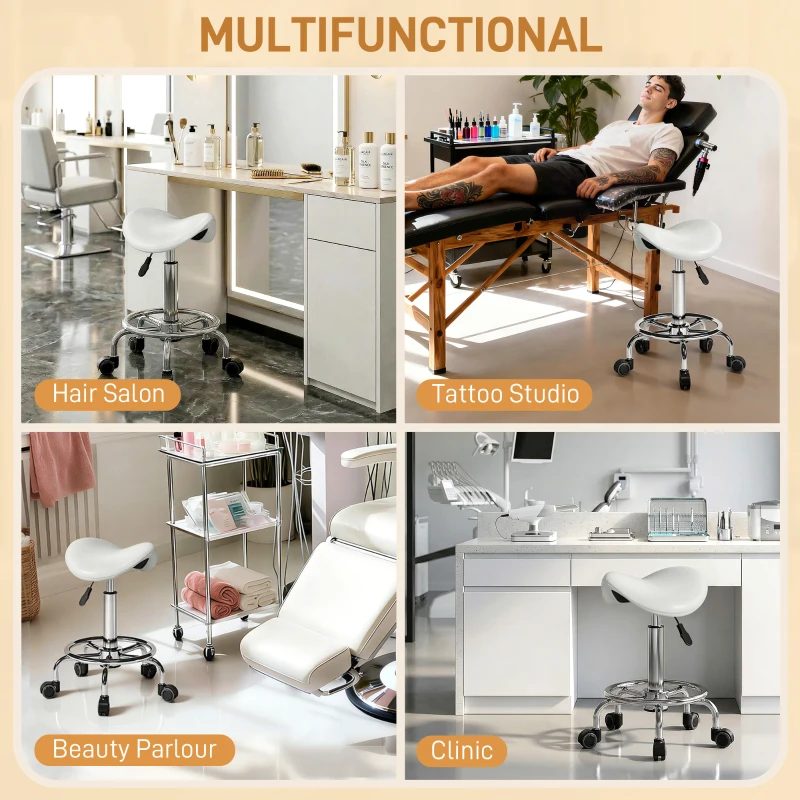 HOMCOM Salon Saddle Stool, Rolling Saddle Chair for Massage, Spa, Clinic, Beauty, Hairdressing and Tattoo, White