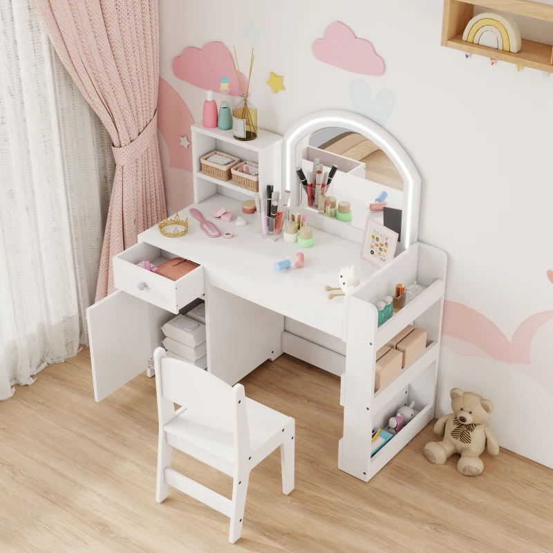 AIYAPLAY Toeletta bambini con specchio LED e sgabello, Bianco