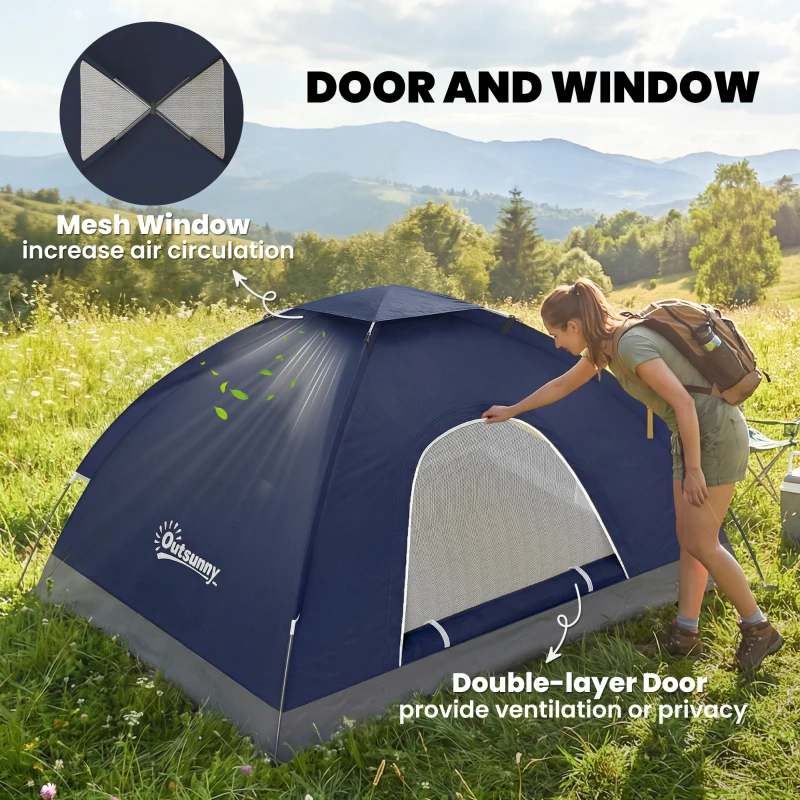 Outsunny 2 Person Camping Tent, Dome Tent with Zipped Doors, Storage Pocket, Portable Handy Bag, Navy Blue
