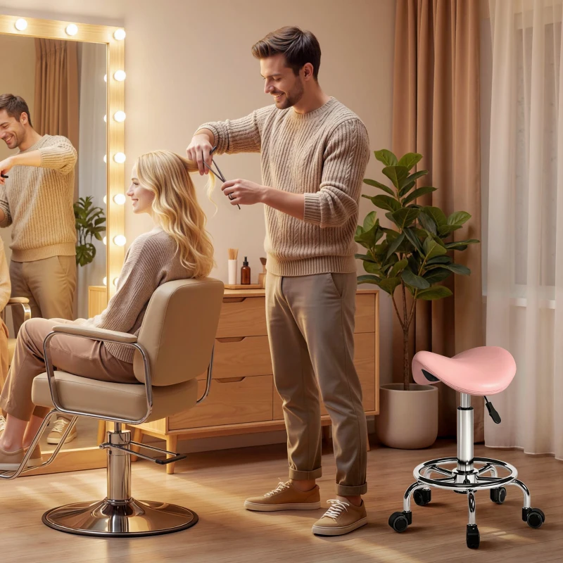 HOMCOM Salon Saddle Stool, Rolling Saddle Chair for Massage, Spa, Clinic, Beauty, Hairdressing and Tattoo, Pink