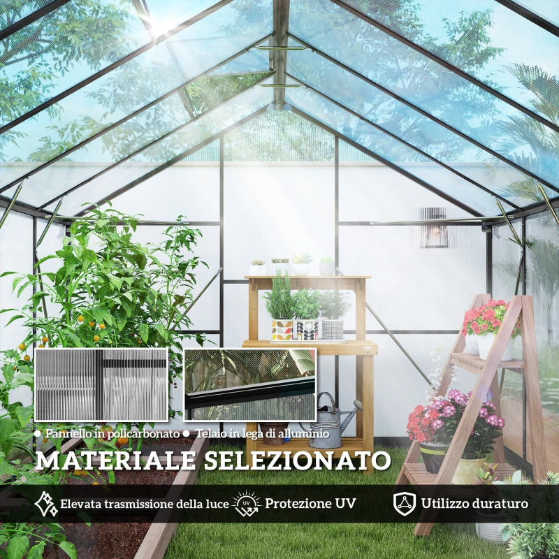 Outsunny Serra per Orto in PC e Alluminio con Porta a Battente e 2 Finestre Regolabili, 304x247x205 cm, Nero