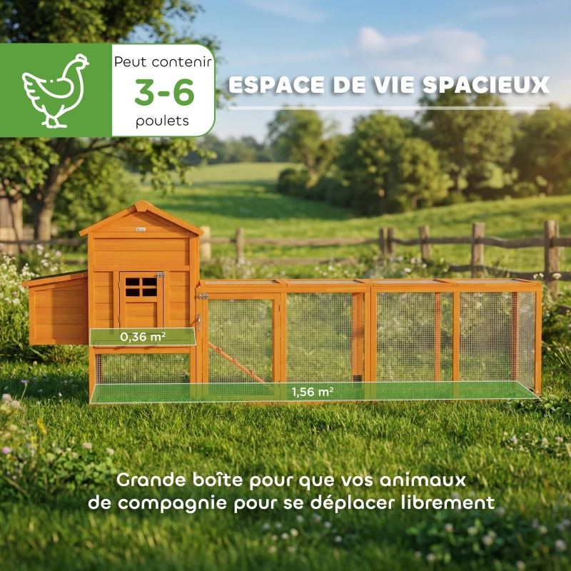 PawHut Poulailler en bois poulailler pour poules extérieur avec pondoir bac amovible en bois massif 297,5 x 68 x 118 cm orange