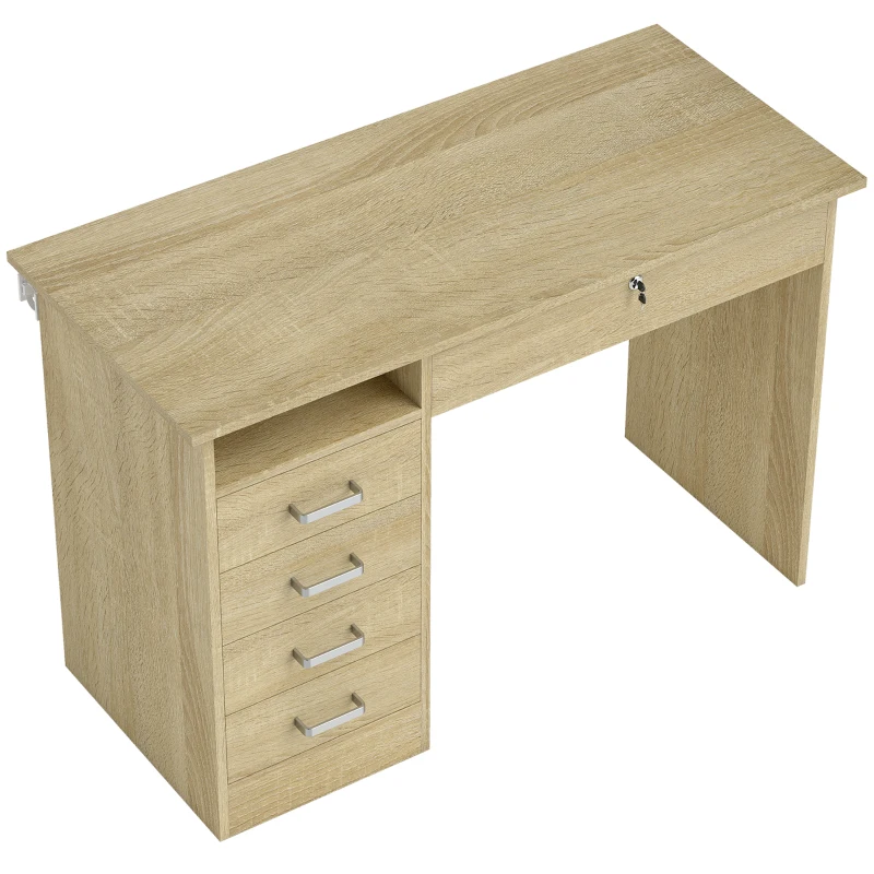 HOMCOM Bureau moderne avec 5 tiroirs, grand plateau, 1 compartiment ouvert, tiroir verrouillable, 110 x 50 x 76cm, chêne