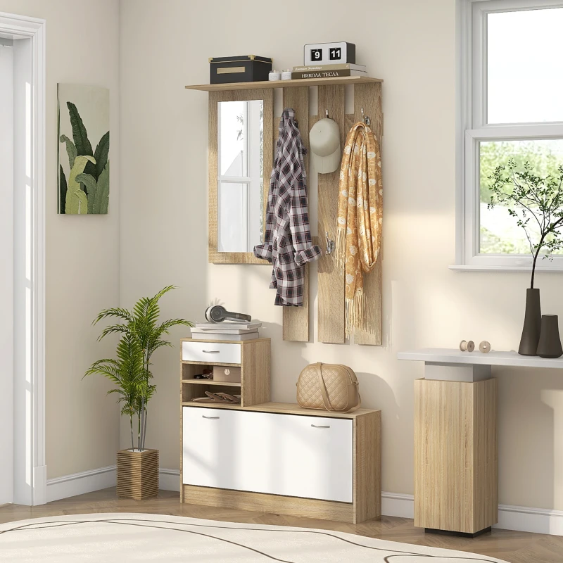 HOMCOM Meuble d'entrée vestiaire avec panneau porte-manteau, miroir et banc à chaussures - 6 crochets et étagère réglable