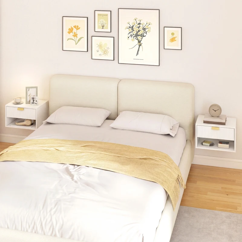 HOMCOM Set di 2 Comodini Sospesi con Cassetto Decorato e Mensola Aperta, Bianco