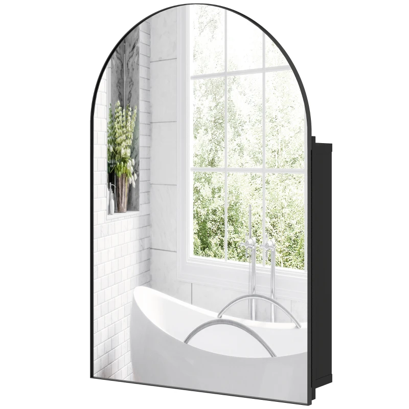 HOMCOM Bathroom Mirror Cabinet with Mirror, Arched Wall Mounted Bathroom Cabinet with Storage Shelves, Black