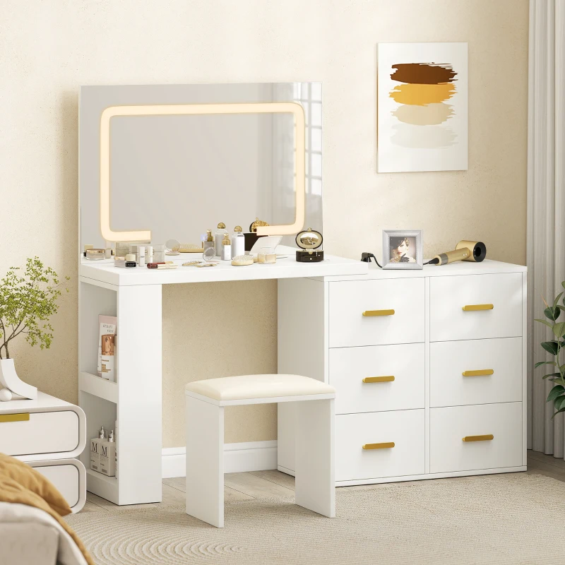 HOMCOM Coiffeuse avec miroir et tabouret, table de maquillage avec éclairage LED réglable, 6 tiroirs, 118 x 78 x 135 cm, blanc
