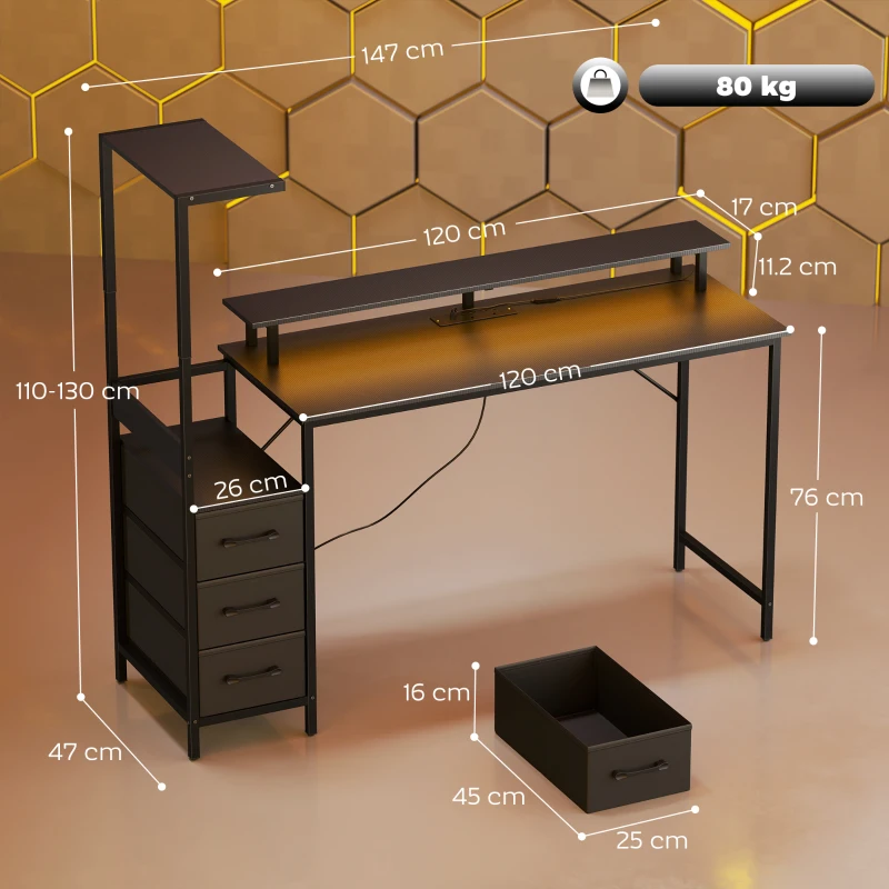 HOMCOM 147cm Gaming Desk with Charging Station and Monitor Stand, Computer Table for Home Office with RGB Lights, Black