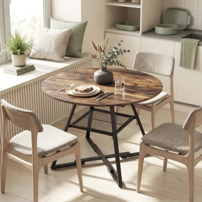 HOMCOM Dining Table for 4 People, 100 cm Round Industrial Kitchen Table with Storage Shelf, Rustic Brown