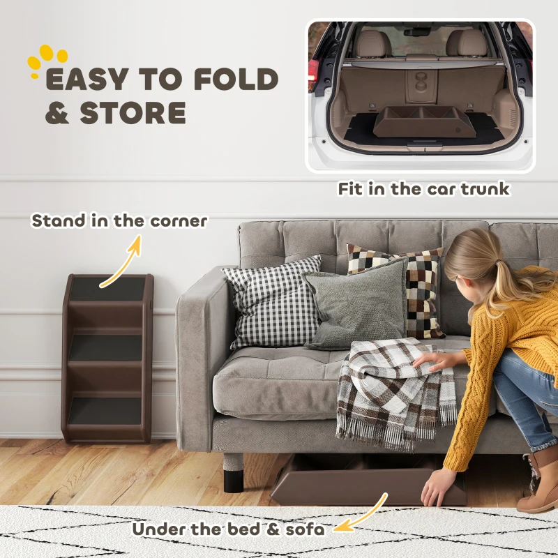 PawHut Huisdiertrap 3 Treden 36,5 cm Hoog Hondentrap voor Kleine Honden Inklapbaar voor Bed, Bank, Sofa en Auto Bruin