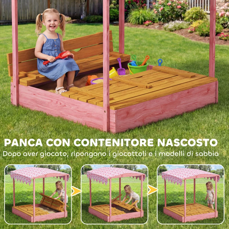 AIYAPLAY Sabbiera per Bambini 3-6 Anni con Tettuccio Fenicotteri, Sedute Pieghevoli, Coperchio e Fodera Inclusa, Sabbionaia per Bambini in Legno di Abete, 134.5x127.5x130 cm, Rosa