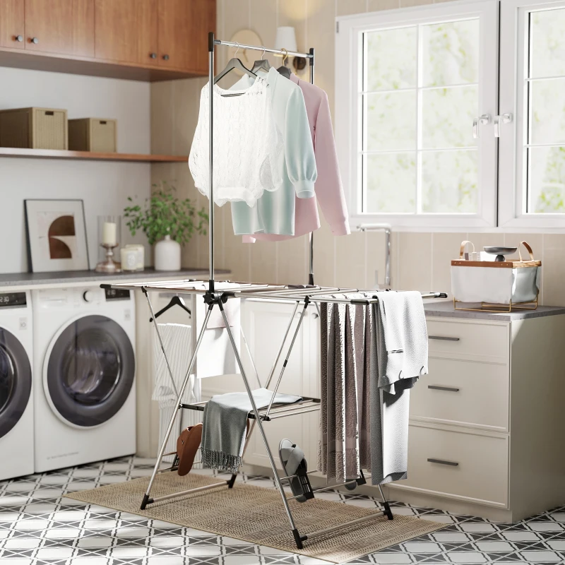HOMCOM Séchoir à linge étendoir pliable, ailes réglables 5 niveaux, 4 supports à chaussures, acier inoxydable, argenté
