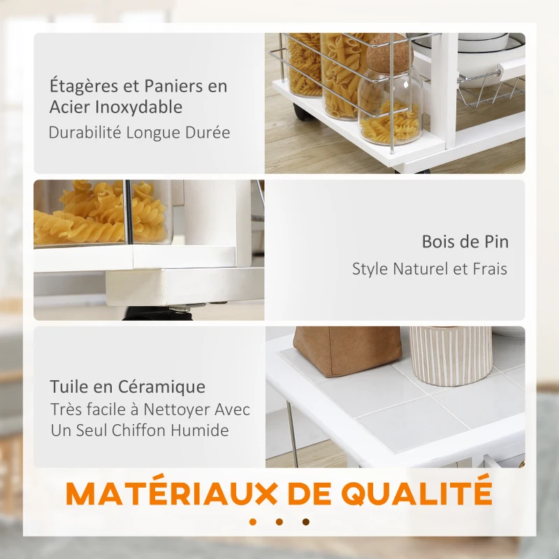 HOMCOM Multi-storage kitchen service cart on casters 4 metal baskets drawer + 4 bottle racks pine wood white tiled top