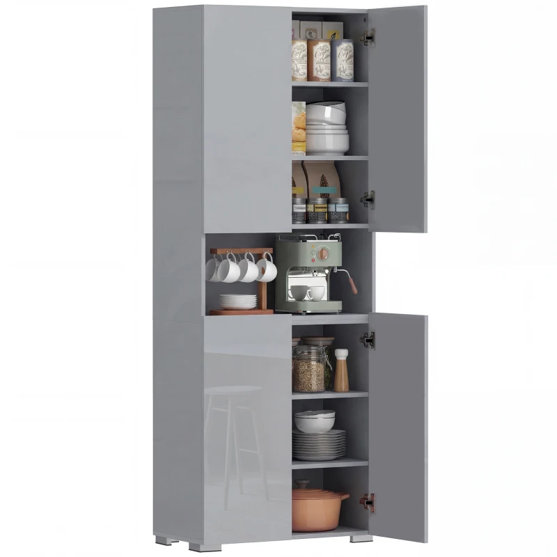 HOMCOM 180 cm Tall Kitchen Cupboard, Pantry Storage Cabinet with Soft Close Doors and Adjustable Shelves, High Gloss Grey