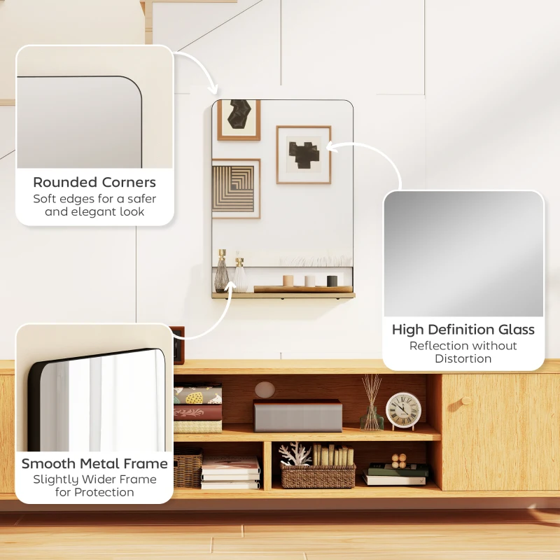 HOMCOM Wall Mirror with Wood Shelf - Black