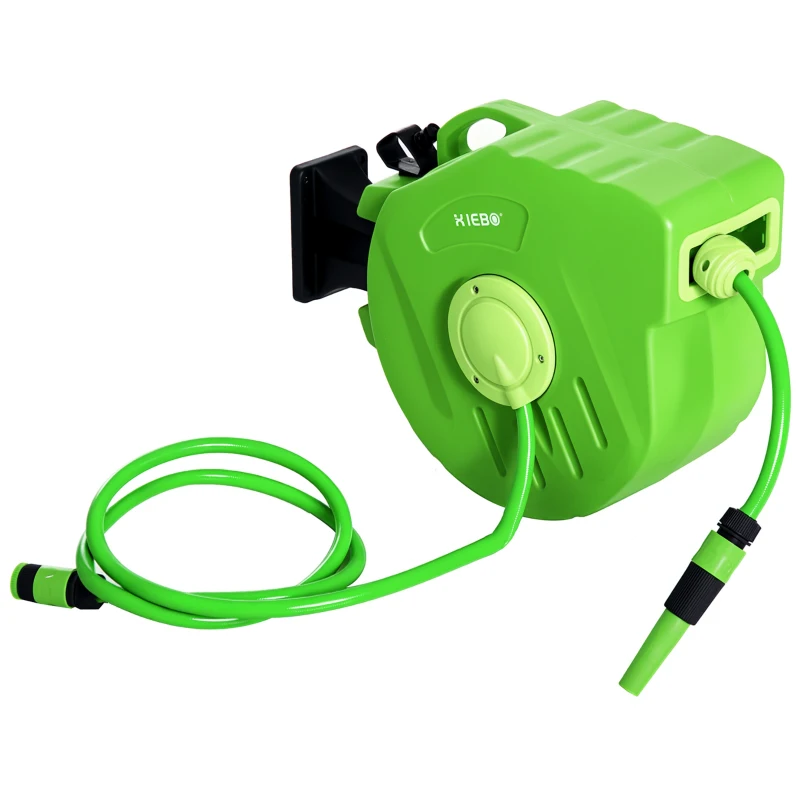 Outsunny 180° Swivel Wall-Mounted Automatic Hose Reel 20 + 2 m with Spray Nozzle and Integrated Wall Bracket, Green