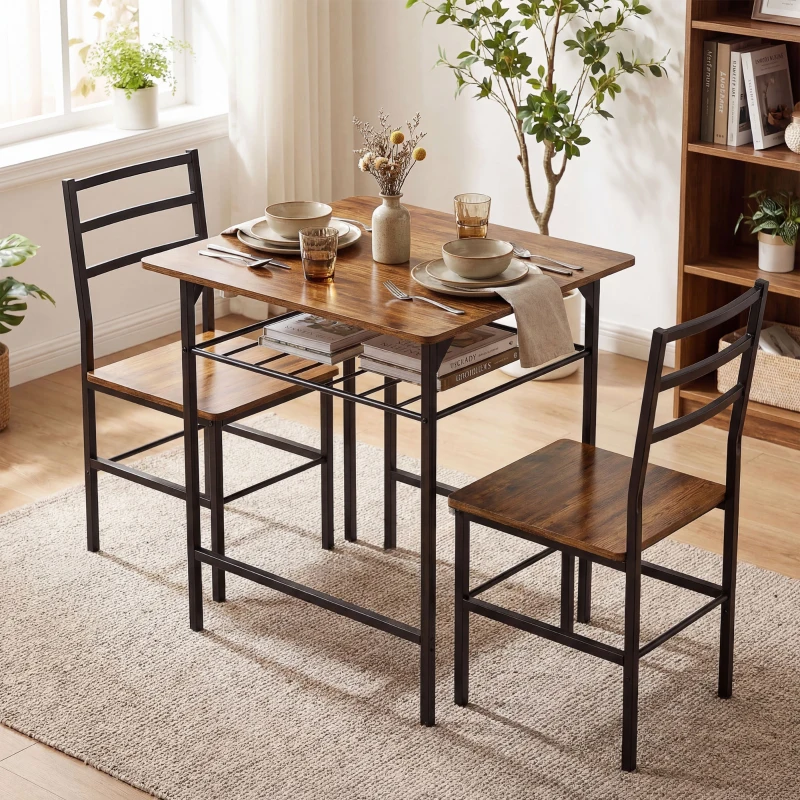 HOMCOM Set tavolo pranzo con 2 sedie e struttura in metallo, Marrone