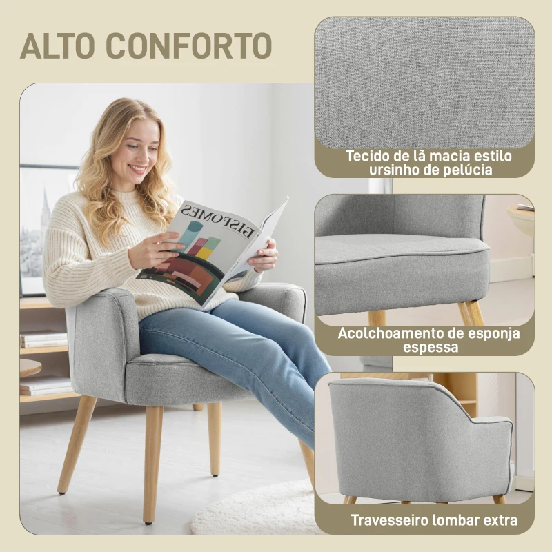 HOMCOM Poltrona Estilo Nórdico Estofada em Linho com Pés de Madeira para Dormitório Escritório Estúdio 64,5x65x79,5 cm Cinzento