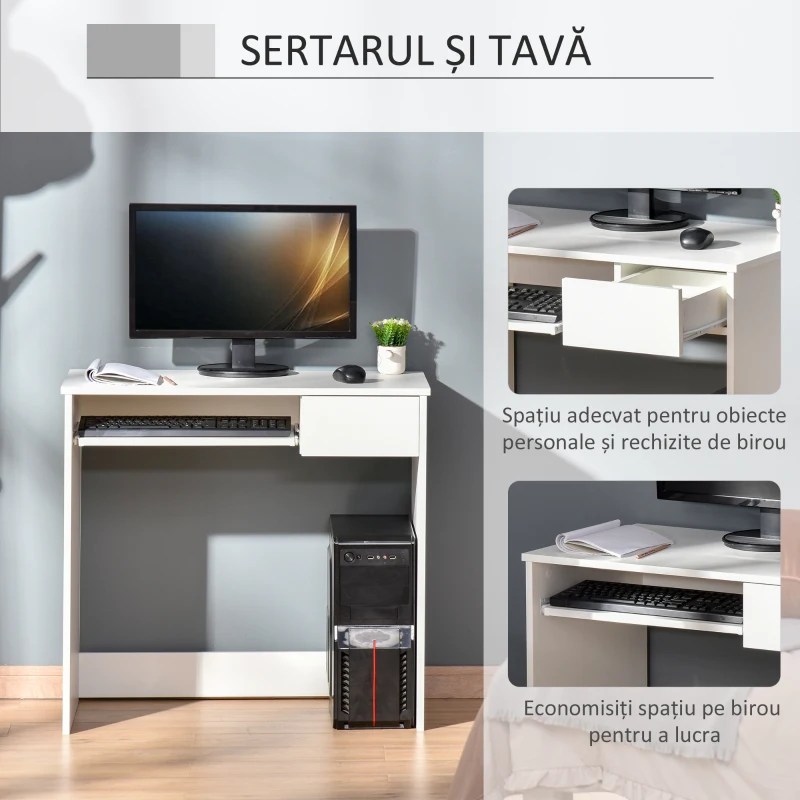 Homcom Birou PC Alb & Stejar 80×45×75 cm – Ideal Dormitor sau Acasa