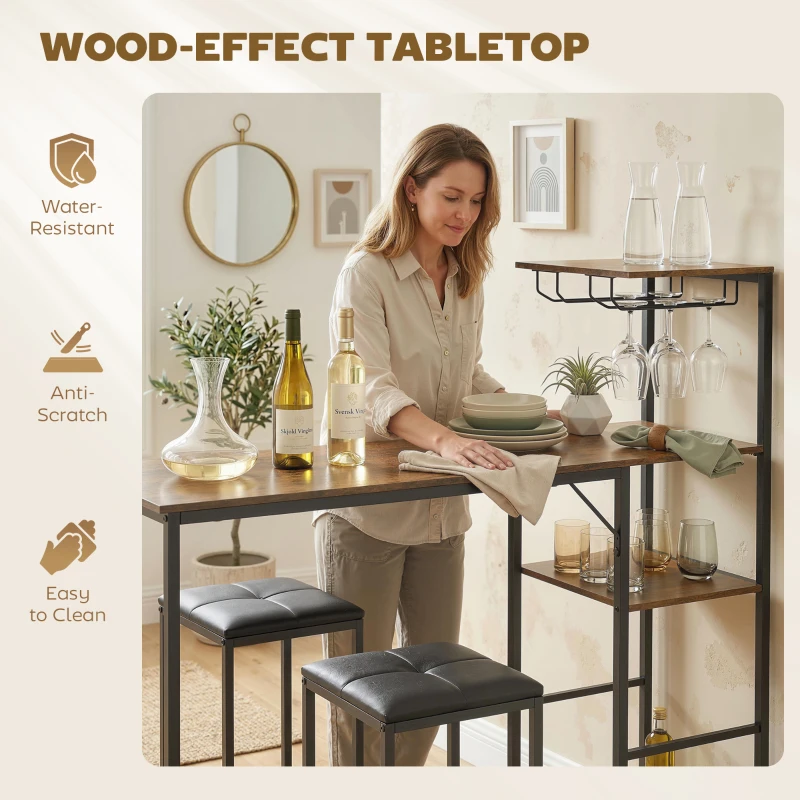 HOMCOM 3 Piece Breakfast Bar Table and Stools Set, Rustic Brown