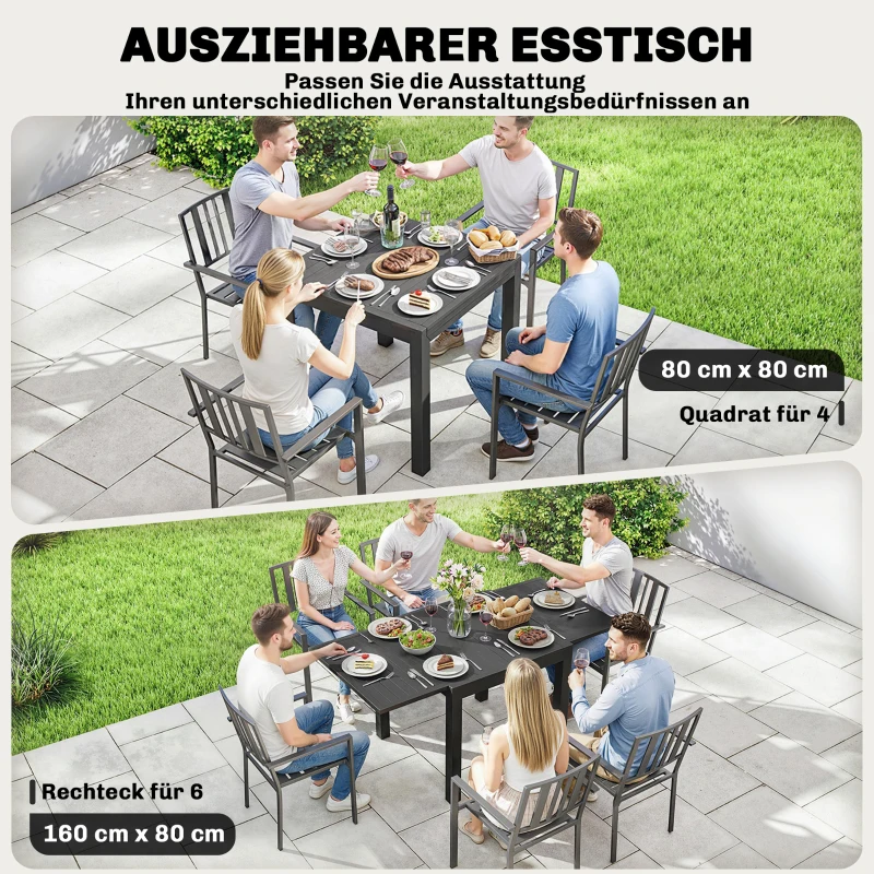 Outsunny Gartentisch Ausziehbarer 80/160 x 80 cm Aluminium Esstisch für 4-6 Personen, Rechteckig mit Lamellenplatte