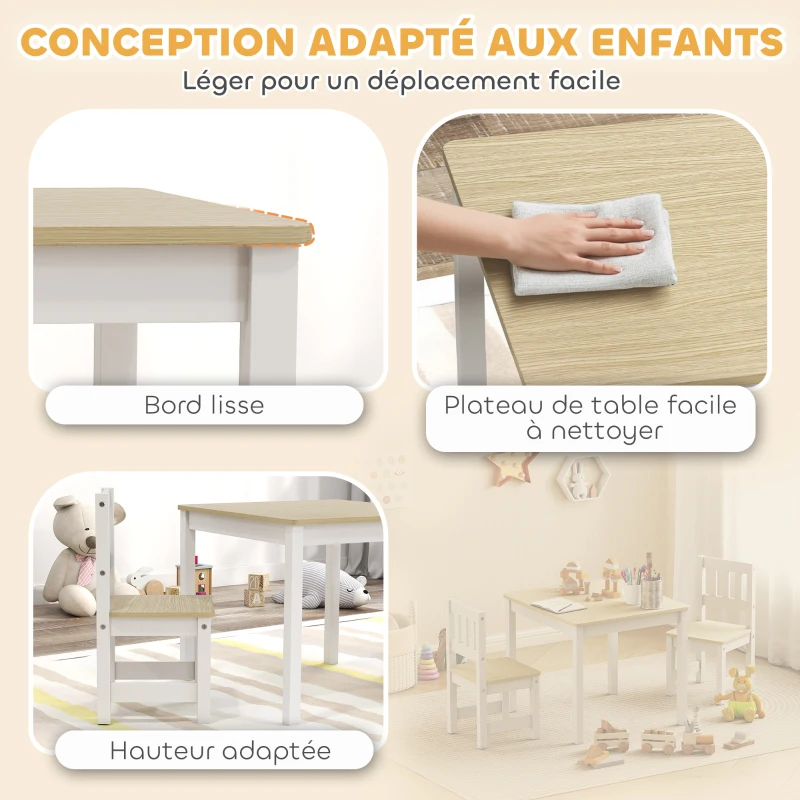 AIYAPLAY Table enfant avec chaise, lot table et 2 chaises enfant en bois pour dessiner, jouer, étudier, 56x52x48cm, bois naturel