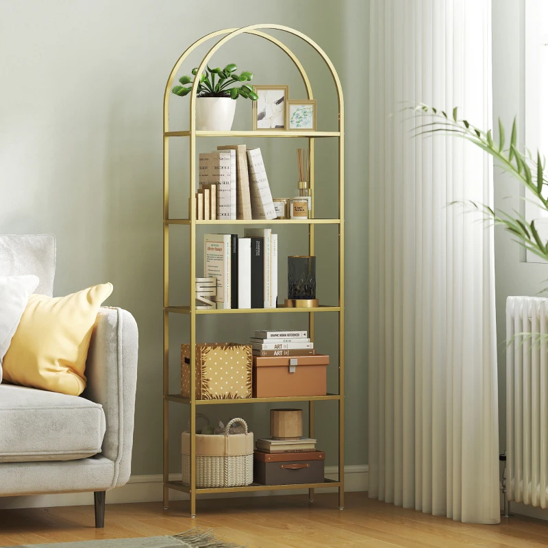 HOMCOM Bibliothèque étagère de rangement en verre à 5 niveaux arqué pour salon, bureau, chambre, 60 x 30 x 175 cm, doré