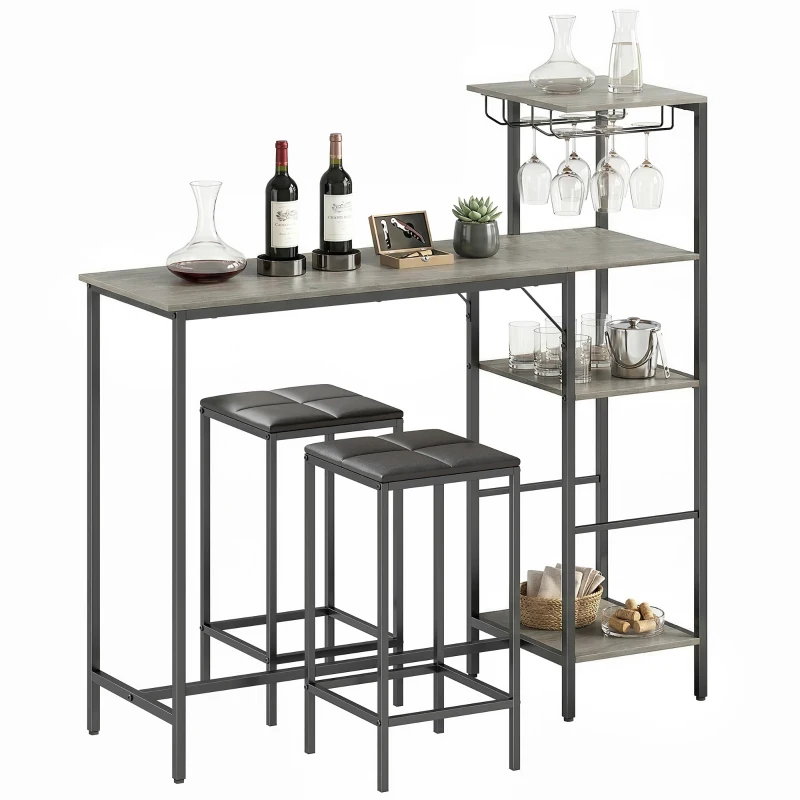 HOMCOM 3 Piece Breakfast Bar Table and Stools Set, Washed Grey