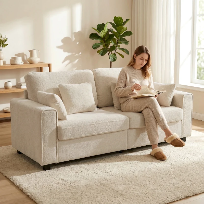 HOMCOM Beige 3-zitsbank met velours-look bekleding, diepe zit, veerkussens, brede armleuningen en 4 kussens