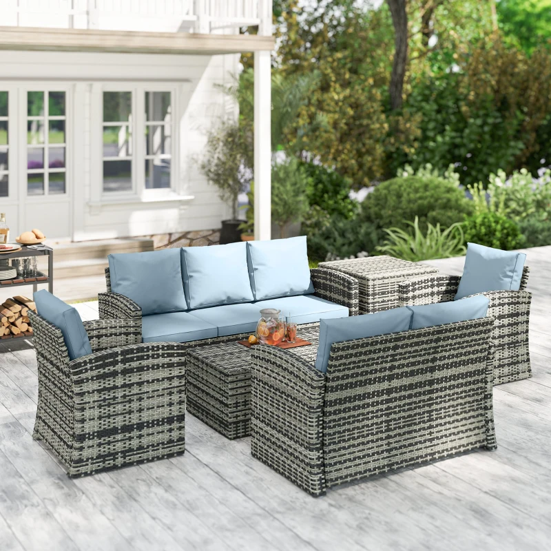 Outsunny 6 Pieces Rattan Garden Furniture Set, 7 Seater Wicker Outdoor Furniture Set with Storage Tea Table & Side Table, Sectional Garden Sofa Set with Cushions, Grey