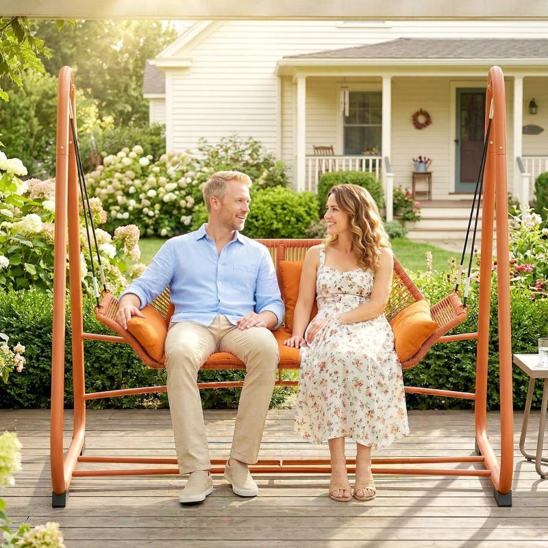 Outsunny Balanço Hollywood, balanço de jardim com almofada, estrutura, para jardim, varanda, 174 x 120 x 162 cm, metal, terracota