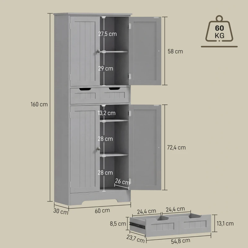 HOMCOM Meuble de salle de bain avec tiroir, placard à portes, étagère réglable, 60 x 30 x 160 cm, gris