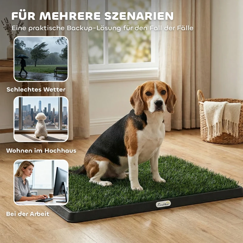 PawHut Hundetoilette 76 x 50,5 cm Hundeklo mit 2 Kunstrasen waschbar Welpentoilette für Hunde für Balkon Zuhause Schwarz+Grün