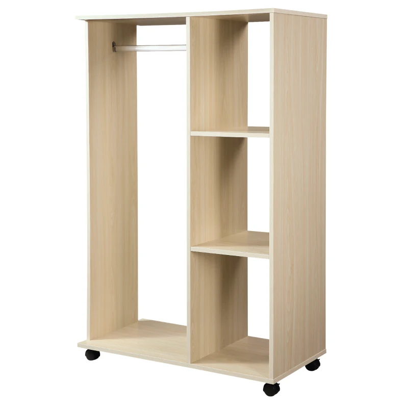 HOMCOM Open Wardrobe on Wheels, Bedroom Wardrobe with Clothes Hanging Rail, 3 Storage Shelves, Mobile Garment Rack for Cloakroom, Hallway, Maple Wood-Effect