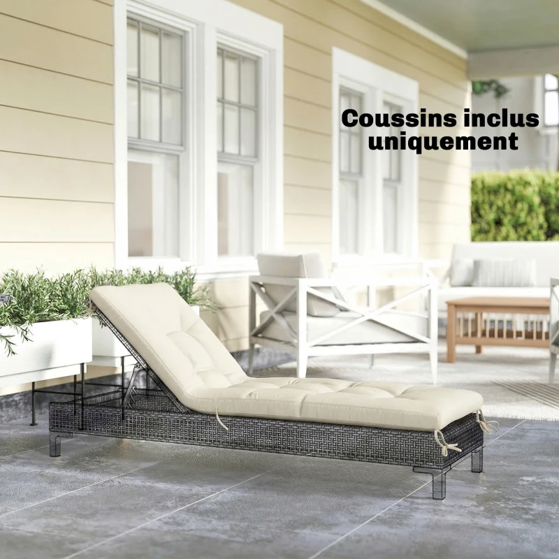 Outsunny Coussin Bain de Soleil Chaise Longue en Mousse à Mémoire avec Sangles, Protection UV50+, 198x65x13cm, Beige