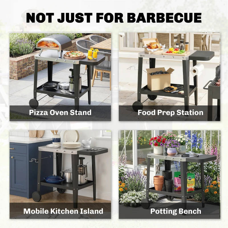 Outsunny Wózek kuchenny na kółkach, wózek serwisowy z haczykami, uchwytem na papierowe ręczniki, stojakiem na worki na śmieci, stal nierdzewna, 115 x 67,5 x 80,5 cm, czarny