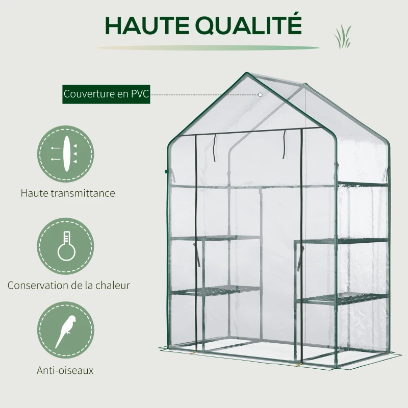Outsunny Garden greenhouse 4 shelves steel PVC high-density 140 g/m² UV-resistant 142 x 73 x 195 cm transparent green