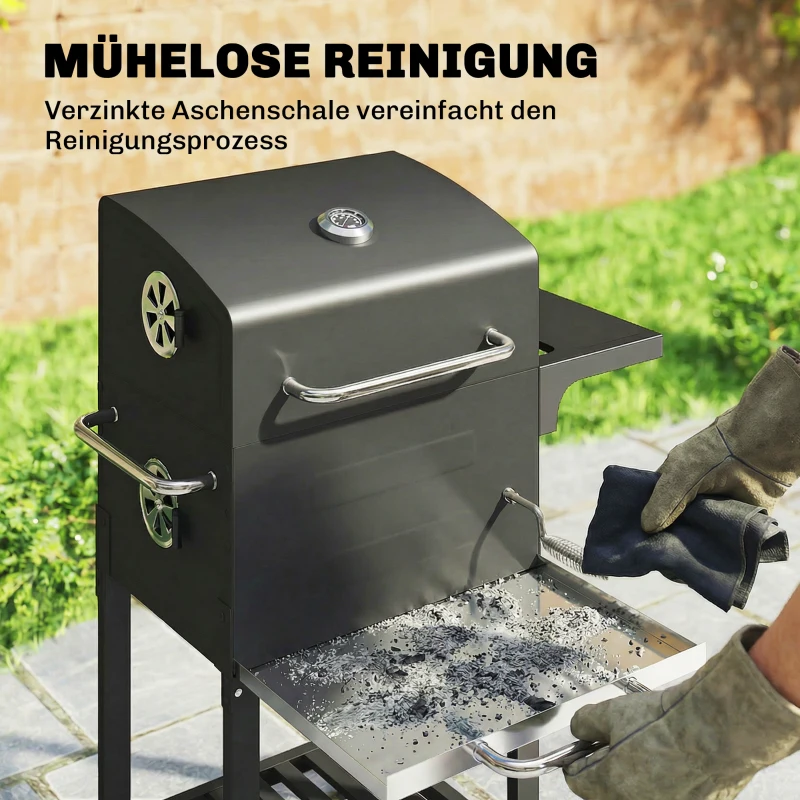 Outsunny Holzkohlegrill Kompakt Grillwagen mit Deckel Thermometer Grillrost Seitentisch Aschefach Lüftungsschlitzen