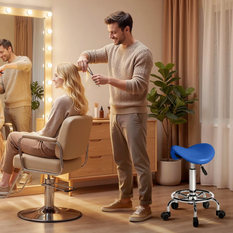 HOMCOM Salon Saddle Stool, Rolling Saddle Chair for Massage, Spa, Clinic, Beauty, Hairdressing and Tattoo, Blue