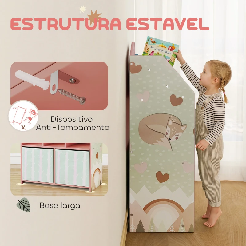 AIYAPLAY Estante Infantil para Brinquedos com Gavetas de Tecido Prateleiras Abertas Design de Raposas Organizador de Brinquedos Rosa