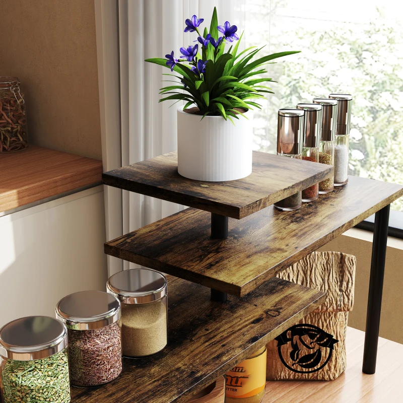 HOMCOM 3-Tier Kitchen Countertop Organiser, Adjustable Spice Rack, Corner Shelf for Kitchen, Coffee Bar, Bathroom, Rustic Brown
