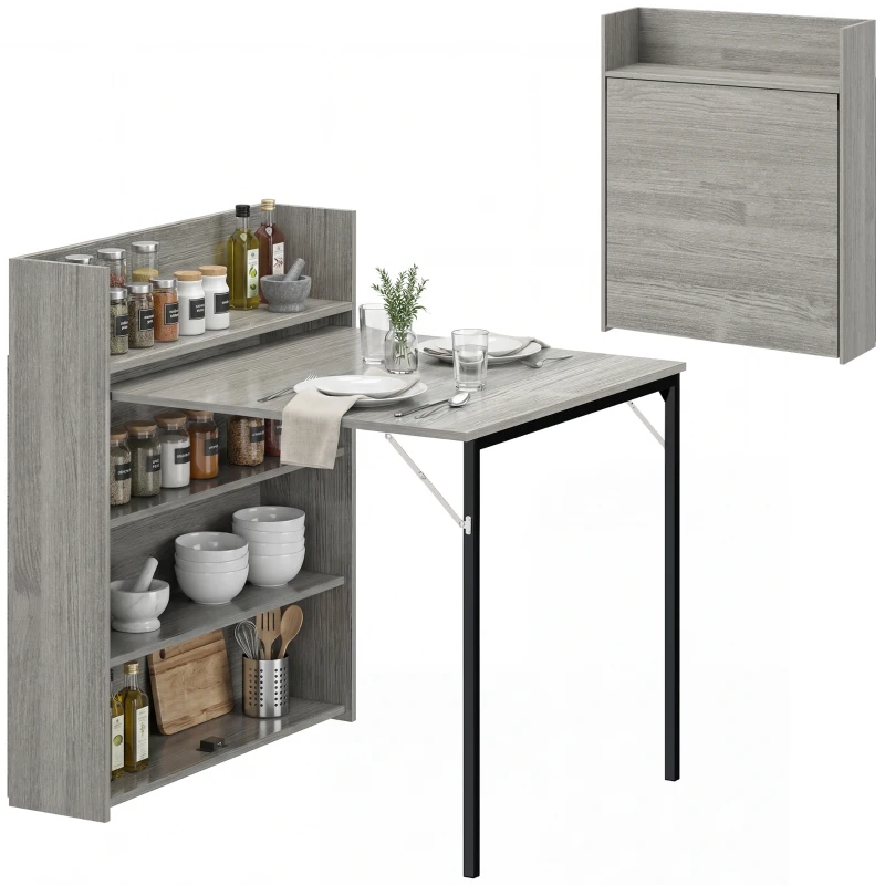 HOMCOM Kitchen Table, Folding Dining Table, with 4-Tier Shelves, Modern Drop-Leaf Table, Grey Wood Effect