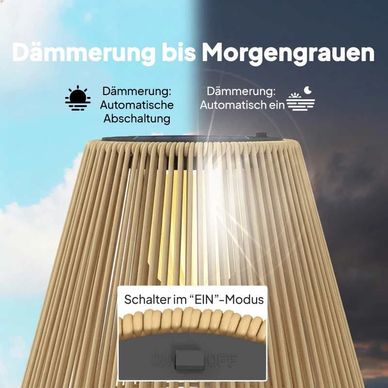 Outsunny Solar Stehlampe Rattan Solarlampen mit Lichtsensor LED Solarleuchte im Boho-Stil IP44 Wasserdicht