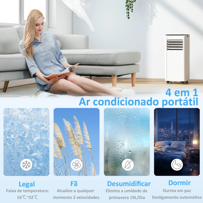 HOMCOM Ar Condicionado Portátil 7000 BTU 4 em 1 Arrefecimento Desumidificador Ventoinha Temporizador para 26 m² Branco