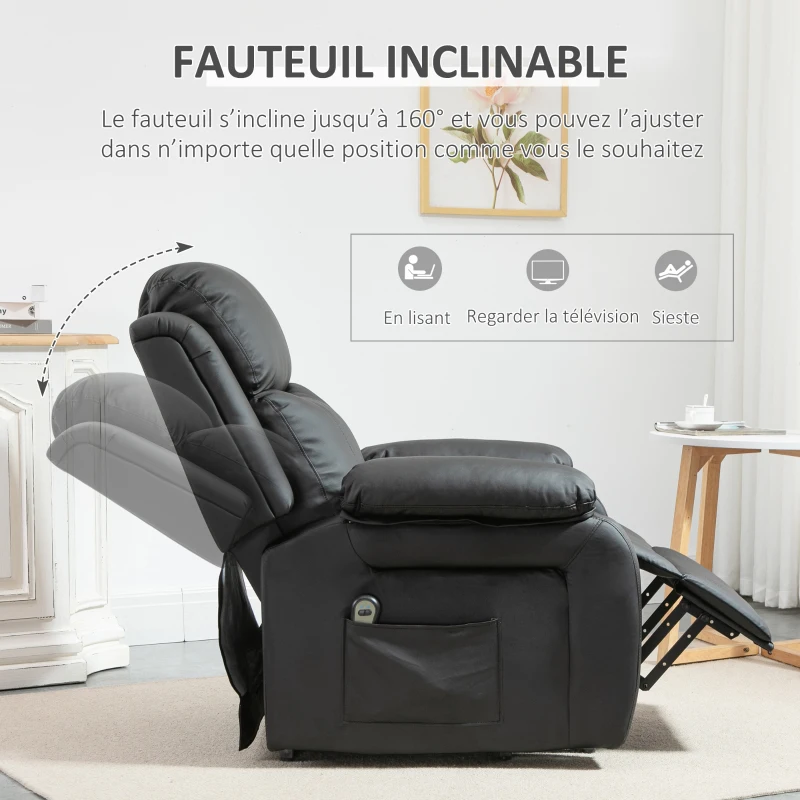 HOMCOM Fauteuil releveur électrique fauteuil relax électrique avec repose-pied télécommande et 2 pochettes 76x90x105cm noir