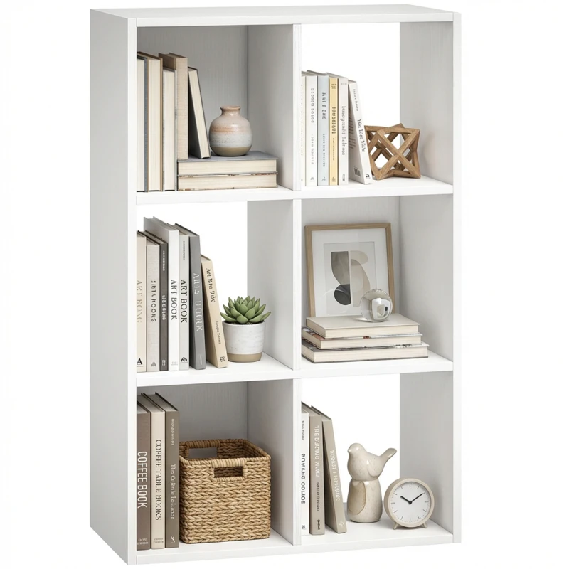 HOMCOM Industrial Style Storage Shelf, Bookcase, Bookshelf with 6 Compartments, for Living Room, Home Study, White Wood Effect